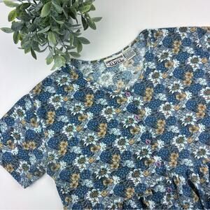 Vintage 90's Cool Blues Floral Short Sleeve Midi Dress Size Large